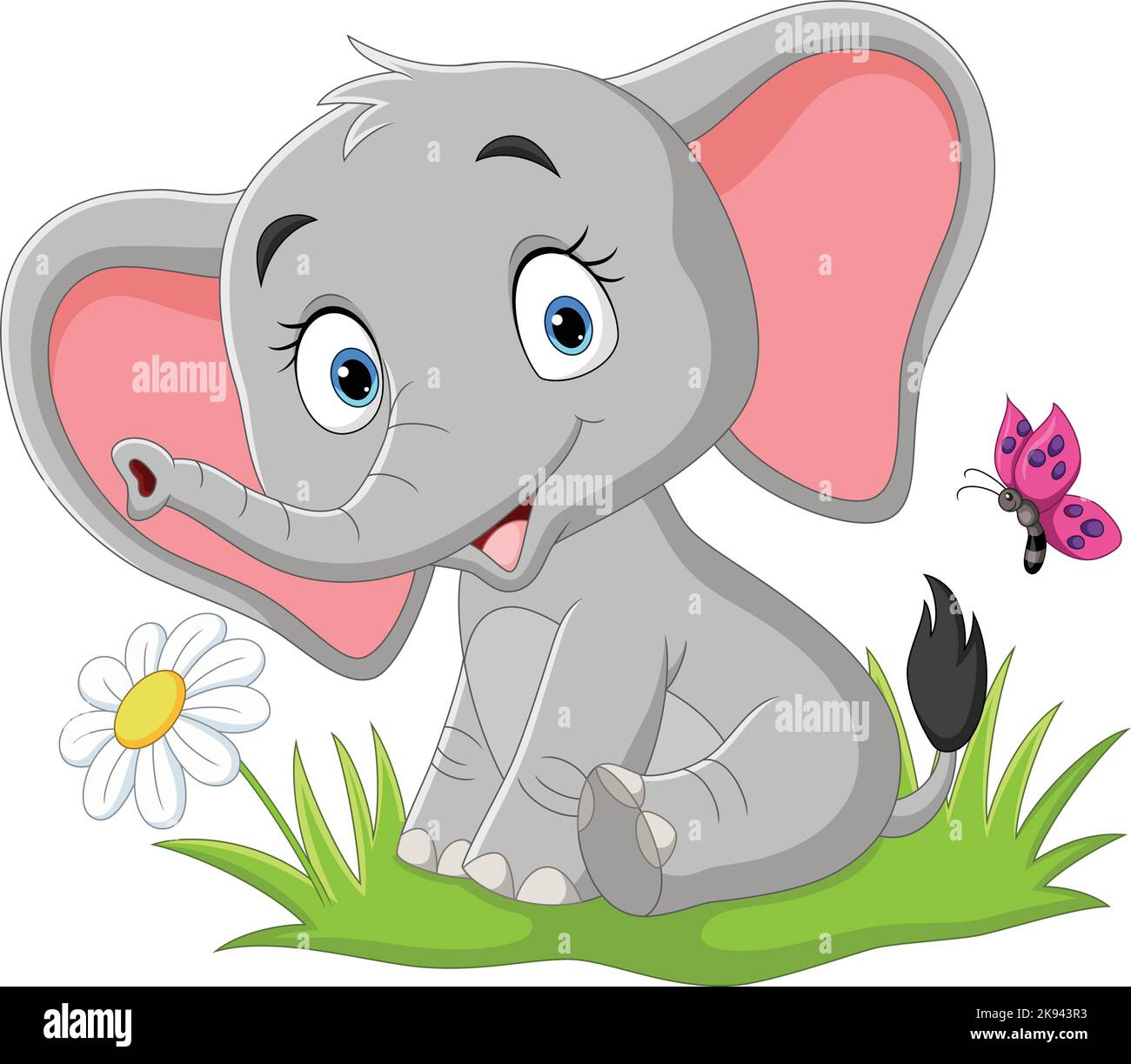 Cartoon Baby Elefant mit Schmetterling im Gras Stock Vektor