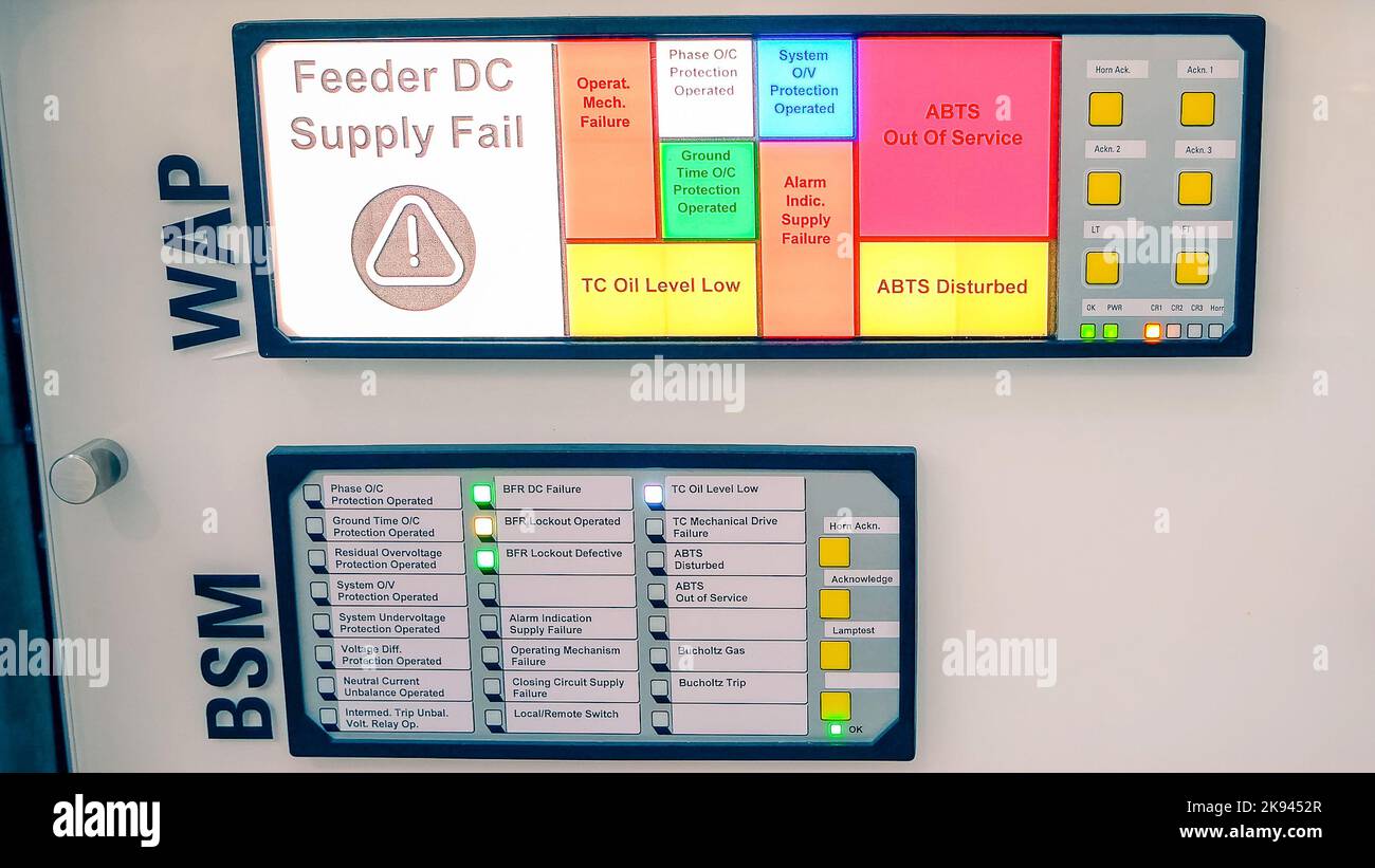 Warnmeldung auf einem digitalen Display des Herstellers. Fehler bei der DC-Versorgung der Zuführung. Stockfoto