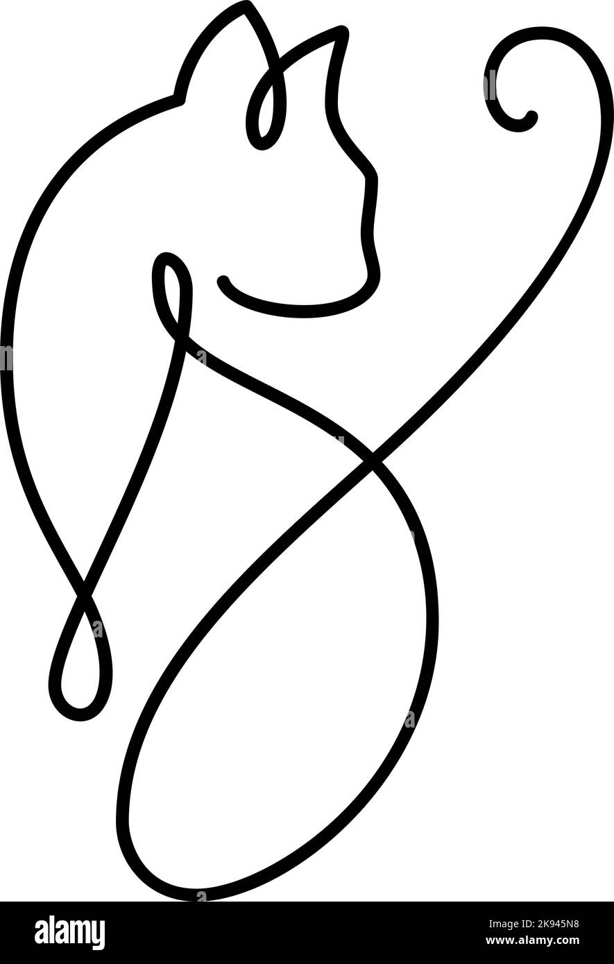 Niedliche einzeilige Vektorkatze mit Herz-Logo. Minimalistische Katze im abstrakten handgezeichneten Stil, minimalistische Einlinizeichnung. Schönes Haustier. Abstrakter minimalistischer Stil Stock Vektor