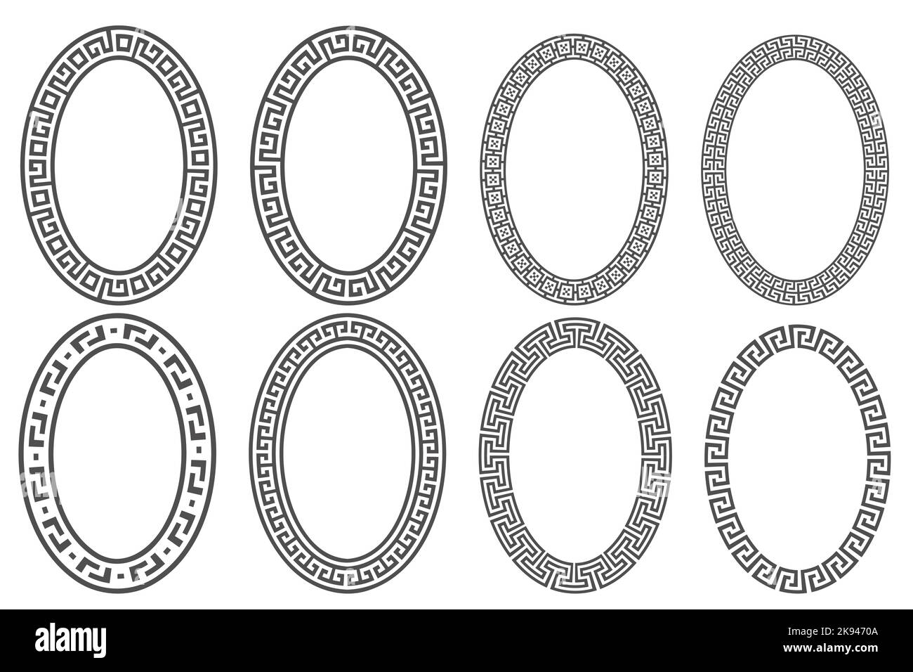 Griechischer Schlüsselrahmen mit ovalem Rahmen. Kreisränder mit mäanderförmigen Ornamenten. Ellipse antike Designs. Vektor Stock Vektor