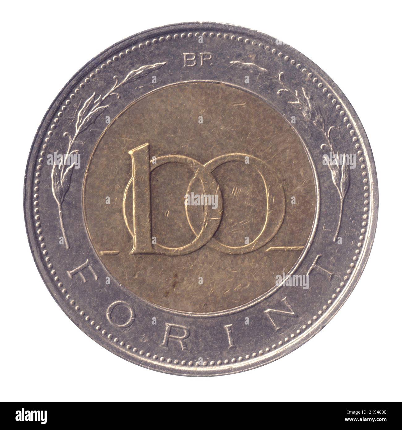 100 Forint Ungarisch (HUF) Münze auf weißem Grund Stockfoto