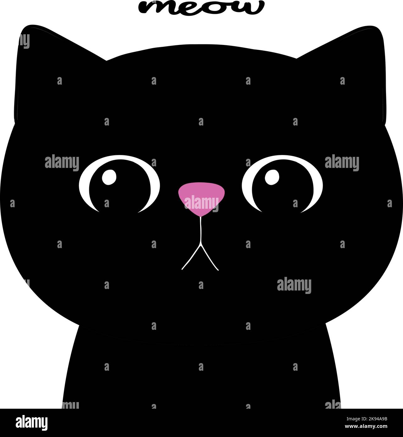 Katze Gesicht Silhouette mit Text Meow. Schwarze Cartoon Kätzchen. Notebook-Abdeckung. Aufklebedruck. Für Karten und Design. Handgezeichnete Vektorgrafiken Stock Vektor