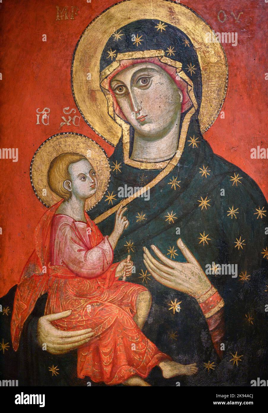 Jungfrau und Kind von einem venezianisch-byzantinischen Maler. Ende des 13.. Jahrhunderts oder Anfang des 14.. Jahrhunderts. Tempera auf Holz. Stockfoto