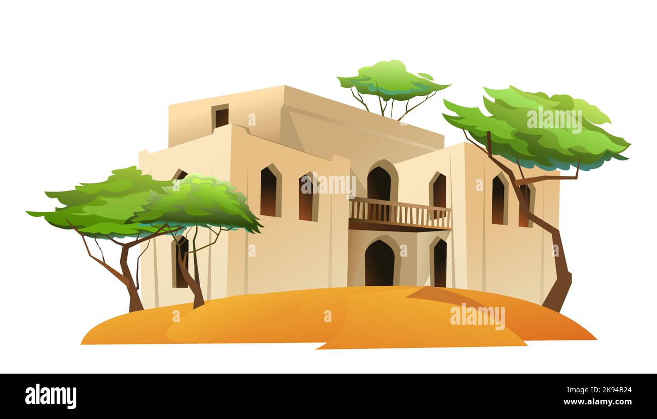 Arabische Lehmhütte mit Balkon. Adobe-Wohnung im Nahen Osten. In sandiger Wüste. Traditionelles Haus in Afrika und Asien. Isoliert auf weißem Hintergrund Vektor Stock Vektor