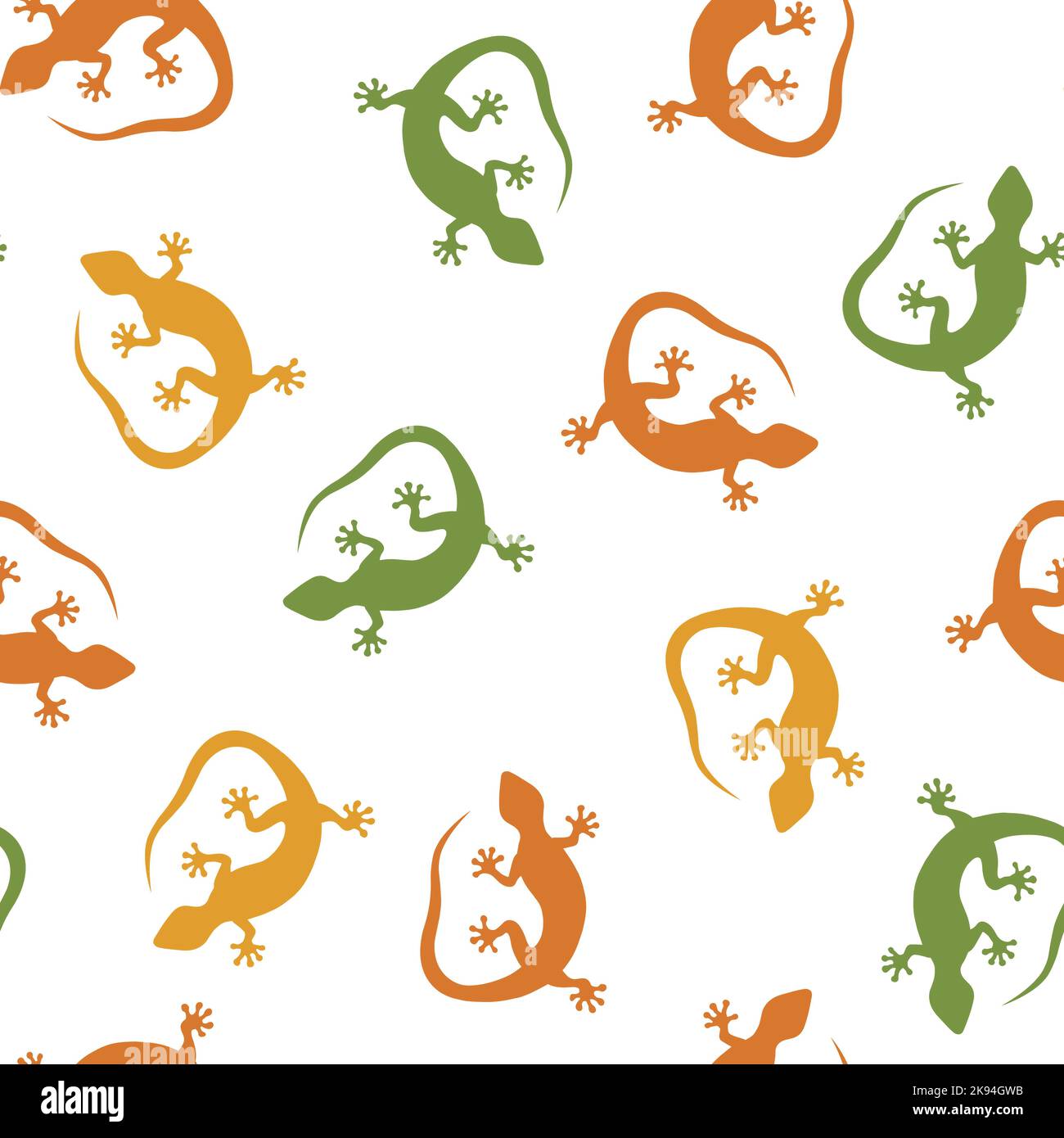 Verschiedene Farben Tokay gekko Nahtloses Muster. Wiederholendes Muster von handgezeichneten gekko-Eidechsen. Hintergrund mit grünen, gelben und orangefarbenen Elementen Stock Vektor