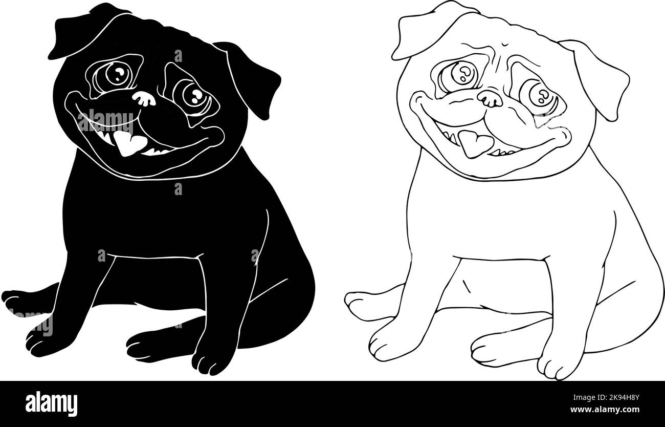 Lustige sitzende Pugs in schwarz-weißen Farben isoliert auf weißem Hintergrund. Handgezeichnete Skizze eines Hundes. Einfache Vektordarstellung eines Tieres Stock Vektor
