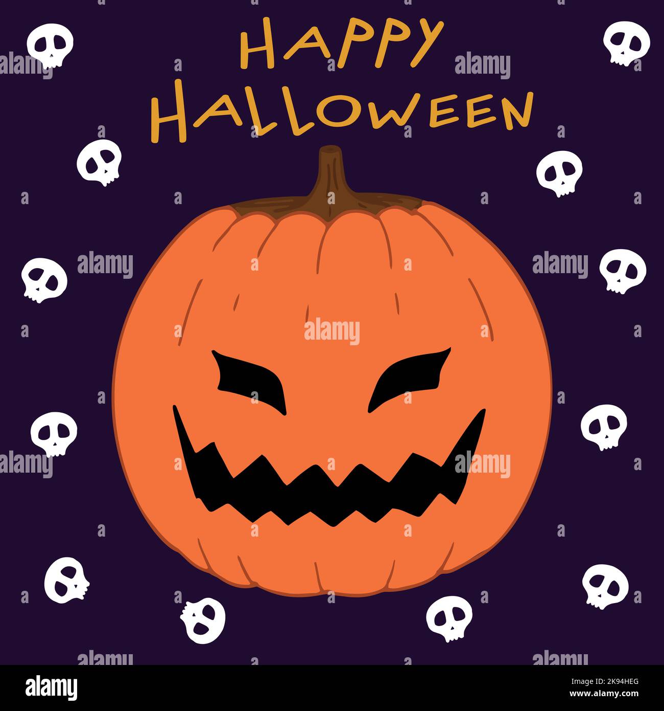 Gruseliger Kürbis mit Totenköpfen auf dunklem Hintergrund. Frohe Halloween. Handgezeichnete Kunst. Handgezeichnete Schrift. Vektorgrafik. Grußkarte. Halloween-Design. Stock Vektor