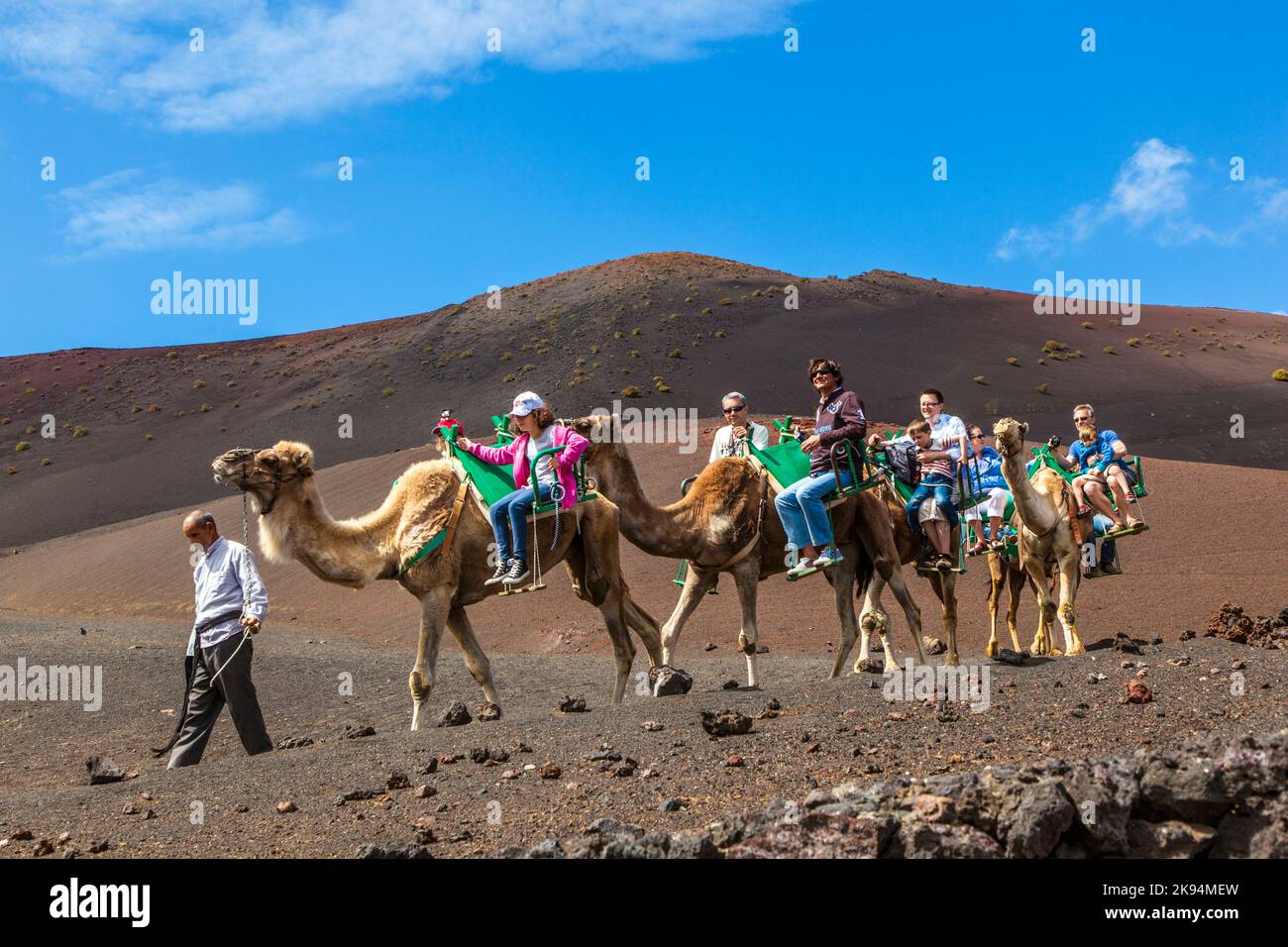 LANZAROTE, SPANIEN - APRIL 5: Kamelreiten für Touristen zu Vulkankegeln ist eine Touristenattraktion im Timanfaya Nationalpark auf der Kanarischen Insel Stockfoto