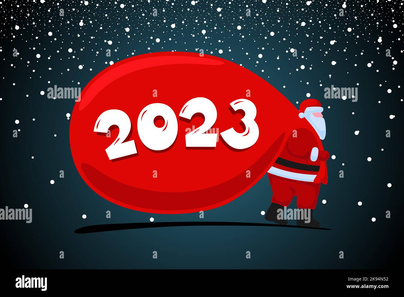 Weihnachtsmann Cartoon-Figur kommen und trägt große schwere Geschenke rote Tasche. Weihnachten und ein glückliches neues Jahr 2023 Weihnachtskarte. Vektor eps Feier Kalender Poster Illustration Stock Vektor