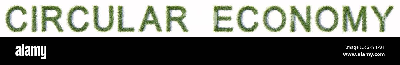 Konzept oder konzeptionelles grünes Gras, das den Text ZUR KREISLAUFWIRTSCHAFT bildet, isoliert auf weißem Hintergrund. 3D-Illustration für Recycling Stockfoto