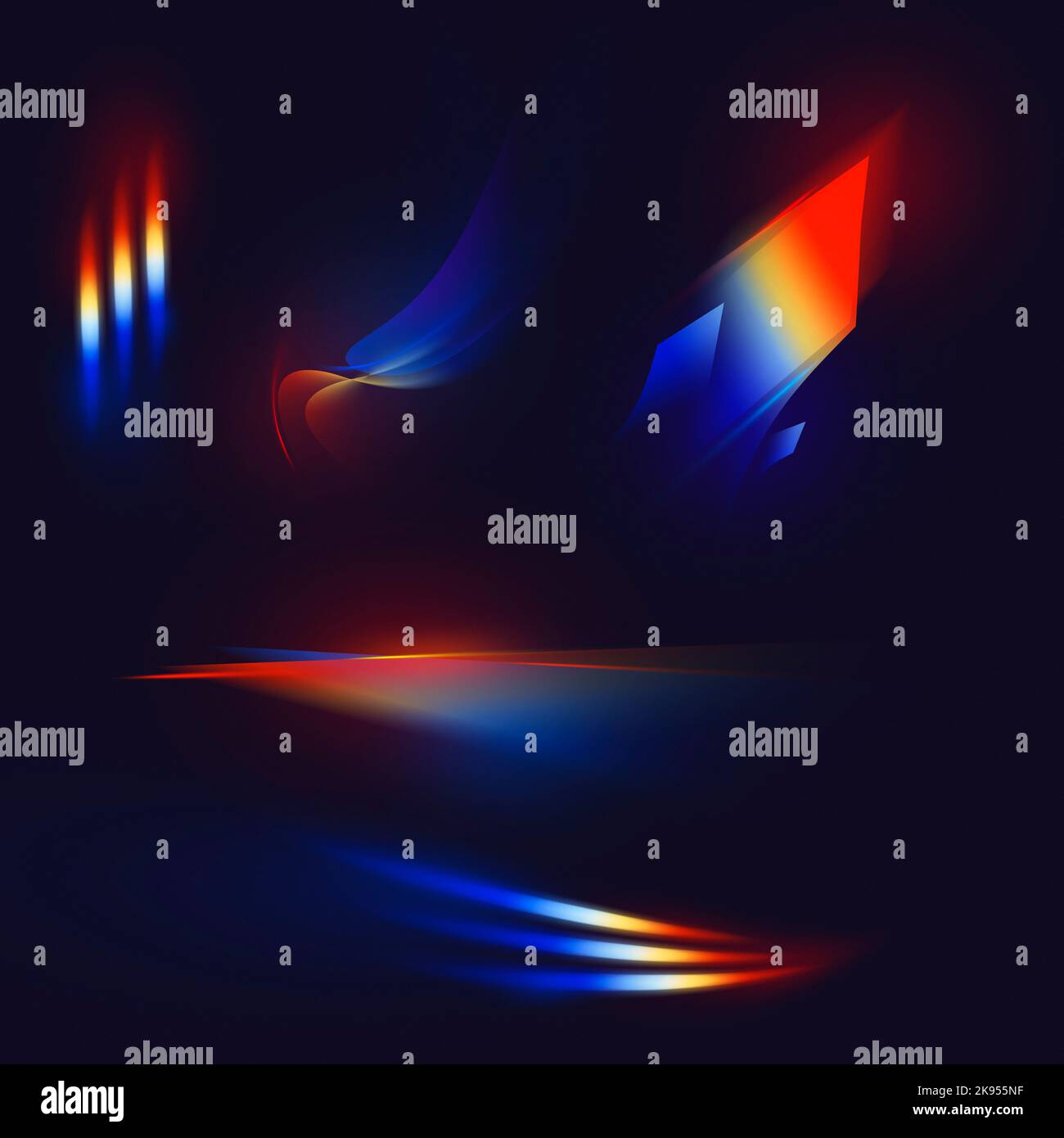 Leichte Lecks. Design für Gerätebildschirm, Hintergrundbild. Set aus farbenfrohen Neonlinsen und Lichtreflexen mit transparenten Effekten auf dunkelblauem Hintergrund. Kunst Stockfoto