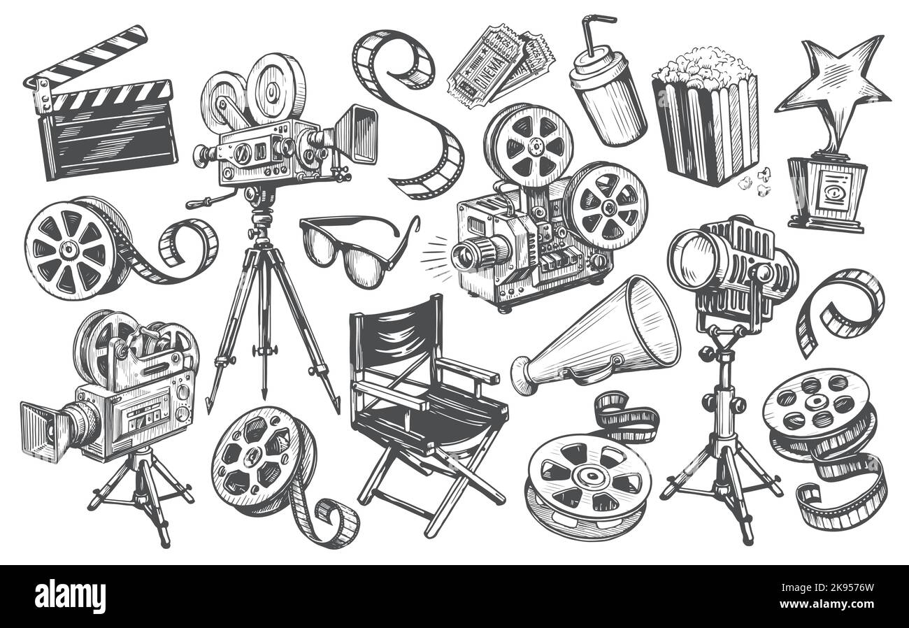 Kino im Sketch-Stil. Filmproduktion, Filmvorführung, tv, Videokonzept. Handgezeichnete Vektor-Illustration im Vintage-Stil Stock Vektor