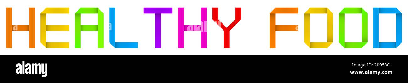 Konzept oder konzeptuelles Papier Origami-Schrift bilden GESUNDE LEBENSMITTEL Text isoliert auf weißem Hintergrund. 3D Illustration Metapher für organisch, natürlich, nein Stockfoto