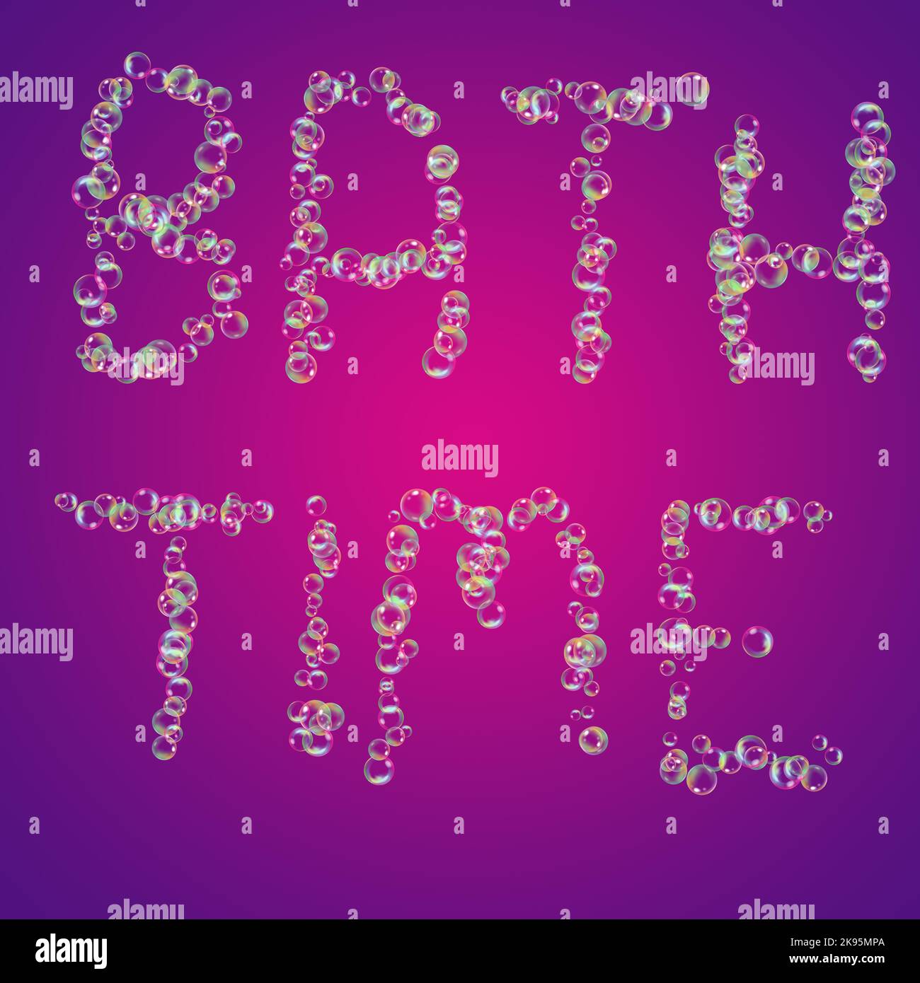 Ein handgeschriebener „Bath Time“-Text mit bunten Seifenblasen auf purpurem Hintergrund Stockfoto