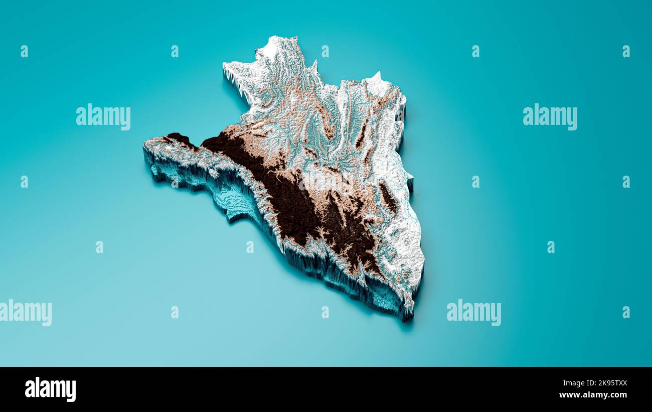 Topographische Burundi-Karte Hypsometric Elevation Tint spektrale schattierte Reliefkarte 3D Illustration Stockfoto