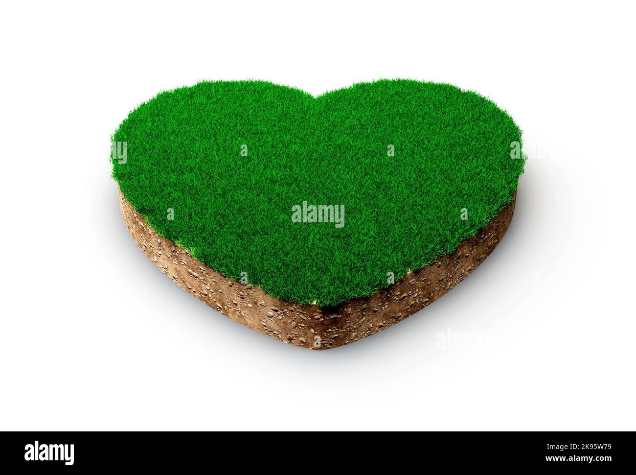 Herz Form Boden Geologie Querschnitt mit grünem Gras, Erde Schlamm abgeschnitten isoliert 3D Illustration Stockfoto