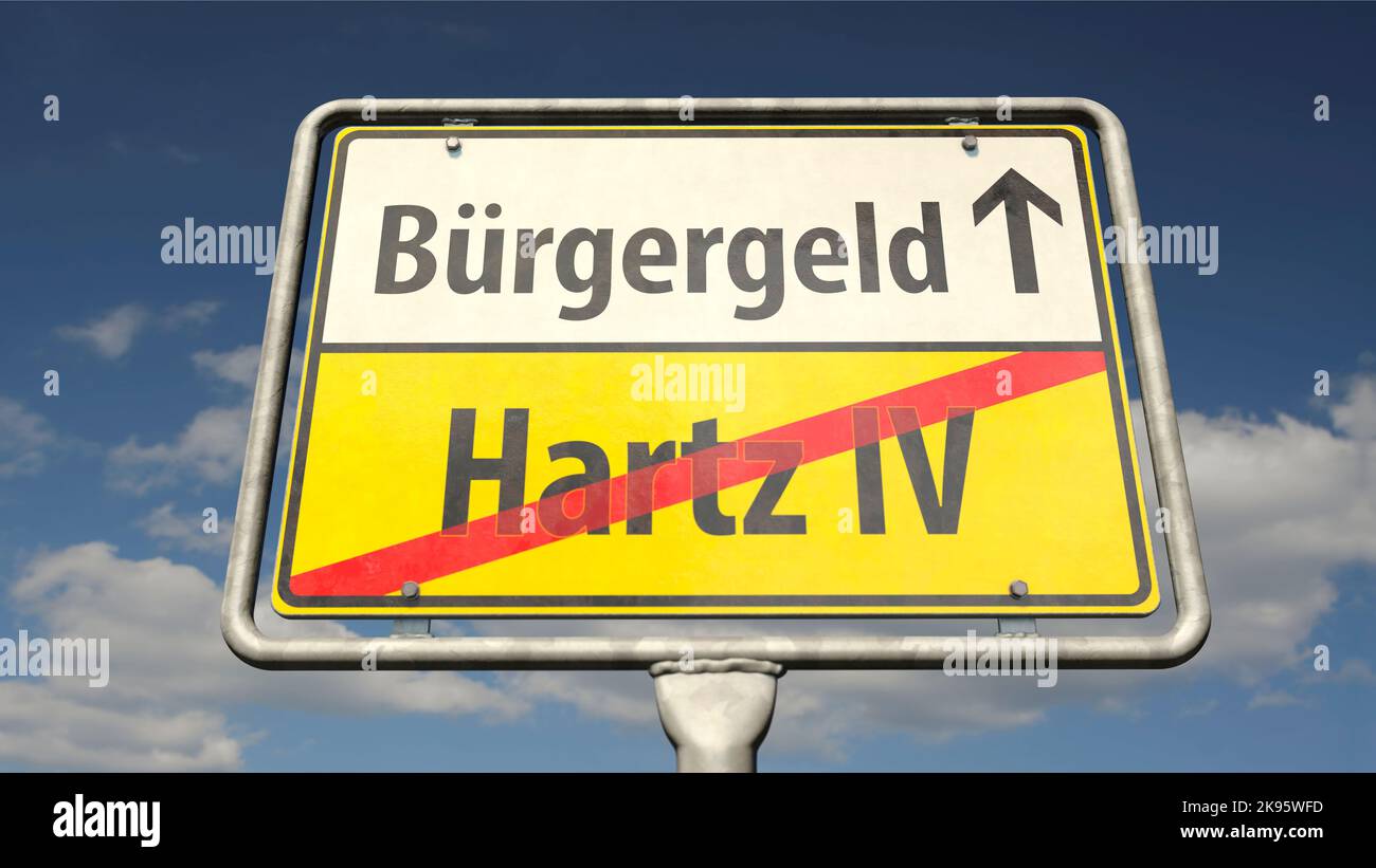Ein deutsches Ortsschild mit dem deutschen Wort 'Hartz 4' und 'Bürgergeld' Stockfoto