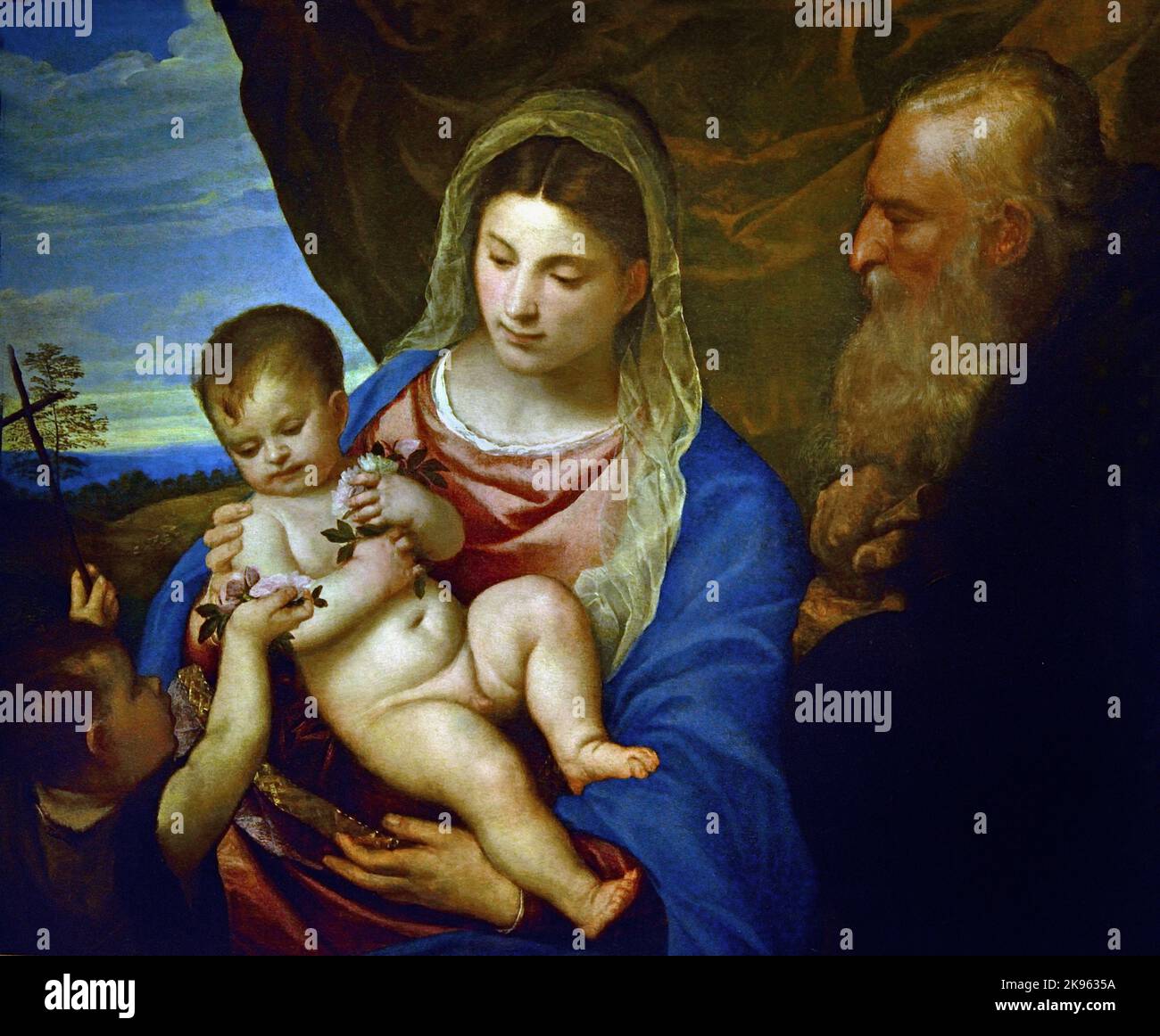 Madonna mit Kind ,mit dem Johanneskind, Madonna der Rosen, von Tizian, (Pieve di Cadore 1488/90 - Venedig 1576), Florenz, Italien. Stockfoto