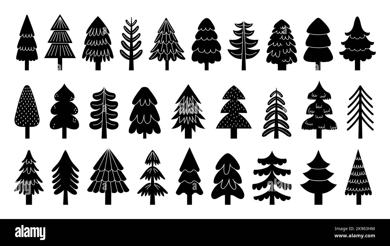 Schwarze weihnachtsbaum-Symbole. Minimale Winter-Kiefer-Tanne Silhouetten mit Dekorationen, einfache monochrome Winter Urlaub Saison Zeichnung. Vektor-isolierter Satz Stock Vektor