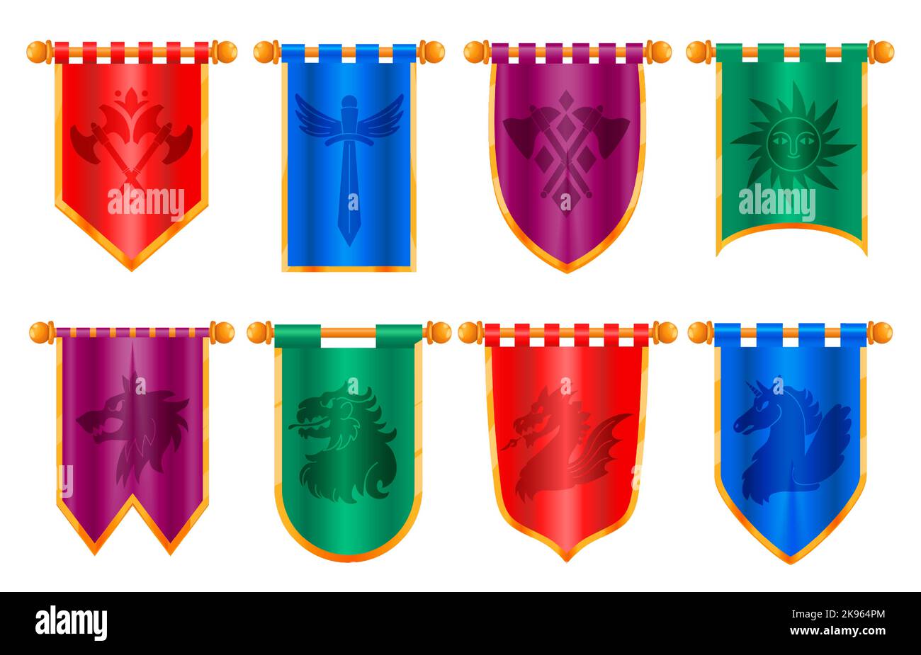 Mittelalterliches königliches Banner. Klassische viktorianische Flaggen mit altem Ritter Wimpel Wappentier Emblem, Cartoon Regal flagstaff für UI-Spiel App-Design. Vektor Stock Vektor