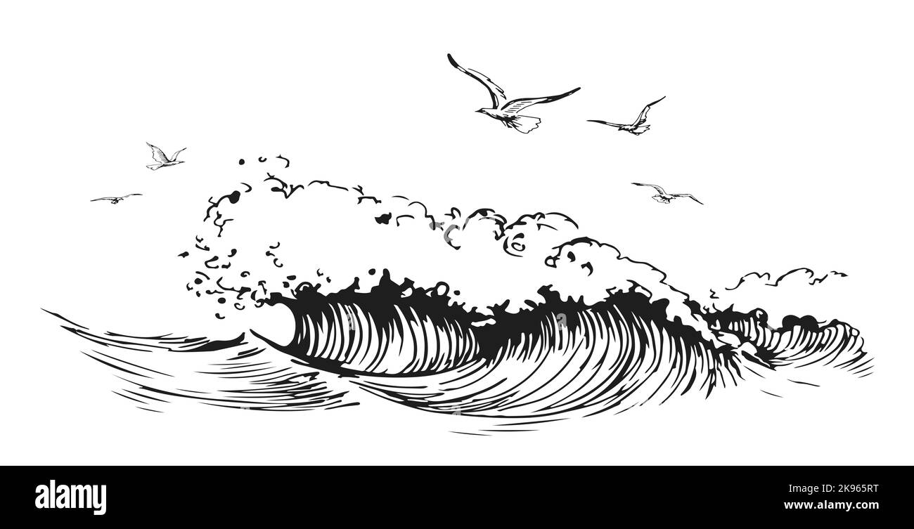 Vögel fliegen über das Meer. Meereslandschaft mit Wellen, Möwen. Reisekonzept. Handgezeichnete Landschaft im Vintage-Gravurstil Stockfoto