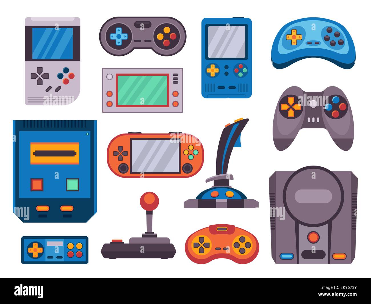 Retro-Spielekonsole. Cartoon Videospiel Joystick Symbole, moderne tragbare drahtlose Videokonsole analoge Gamepad Gadgets für Geek-Spieler. Vektorset Stock Vektor