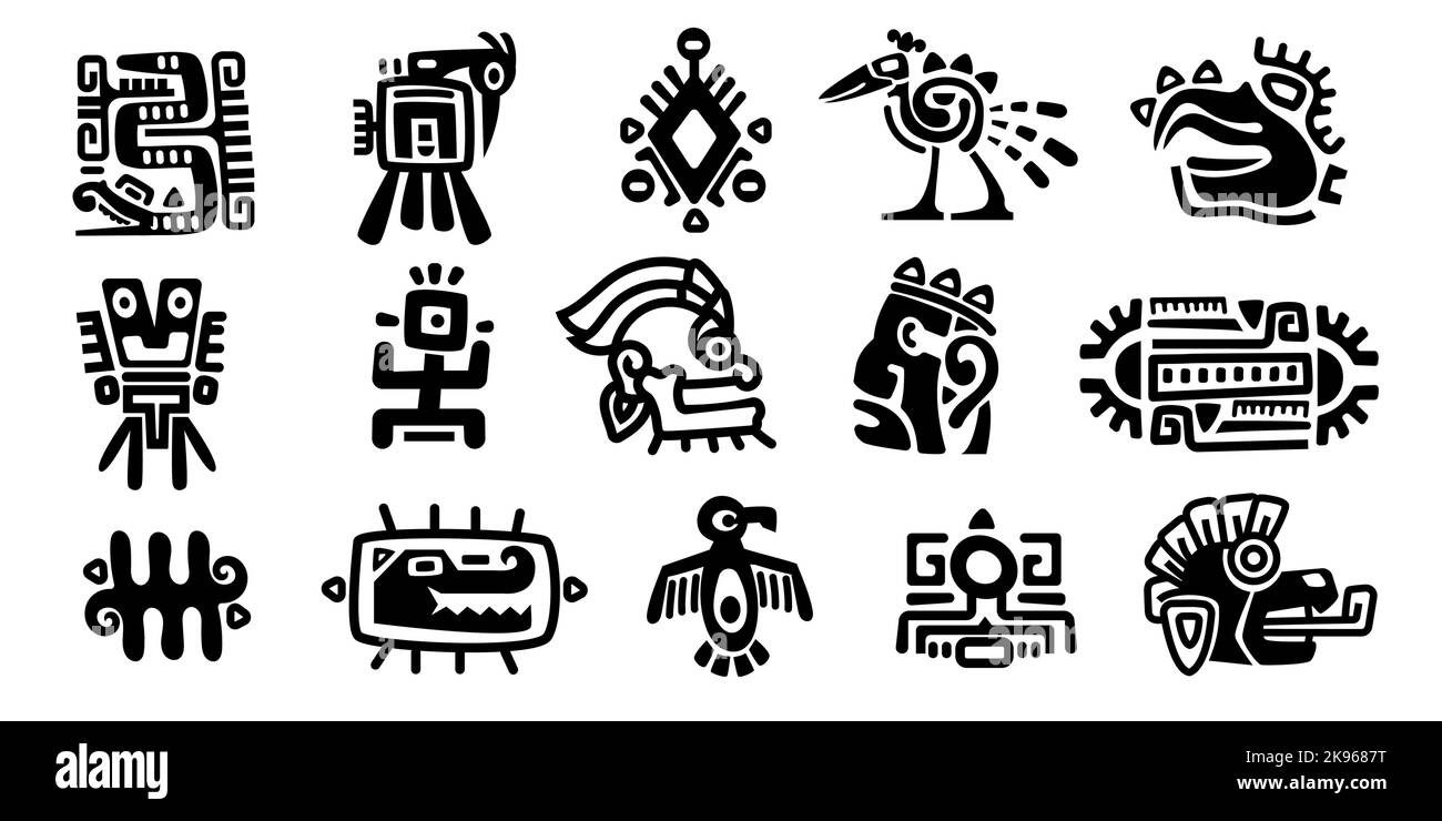 Maya-Symbole. Alte Zivilisation Religiöse Totem Zeichen, monochrome Ikonen der mexikanischen indischen azteken inka indigenen. Vektor-isolierter Satz Stock Vektor