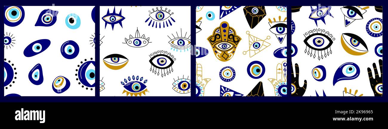 Böses Augenmuster. Nahtloser Druck von türkisch-griechischen Amulett-Ikonen, mystische zeitgenössische Hintergründe zum Einwickeln von Papiertextilien. Vektorstruktur Stock Vektor