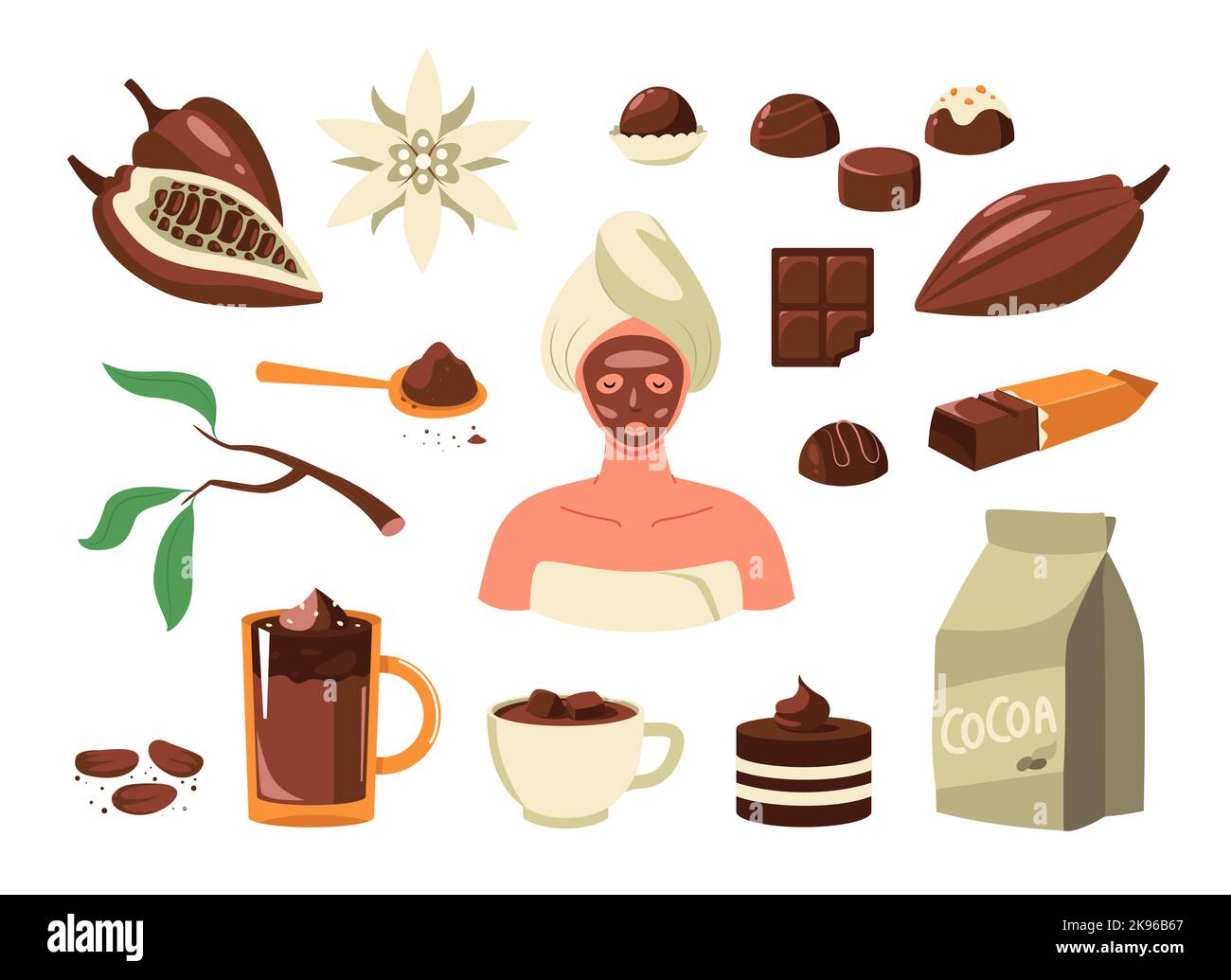 Kakaoprodukte. Cartoon Kakaobohnen Pulver für mil dunkle Schokolade Getränk Kuchen Süßigkeiten bar, süße Elemente flach Stil. Vektor-isolierte Sammlung Stock Vektor