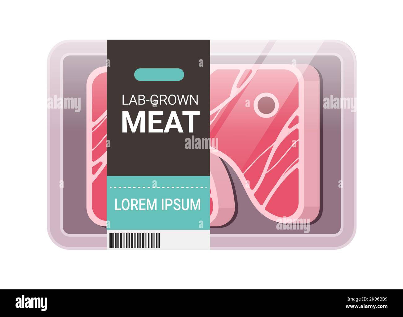 Kultiviert rohes rotes Fleisch Pack Kunststoff-Schale Behälter Steak aus tierischen Zellen künstlichen Labor gewachsen Fleisch Produktionskonzept Stock Vektor