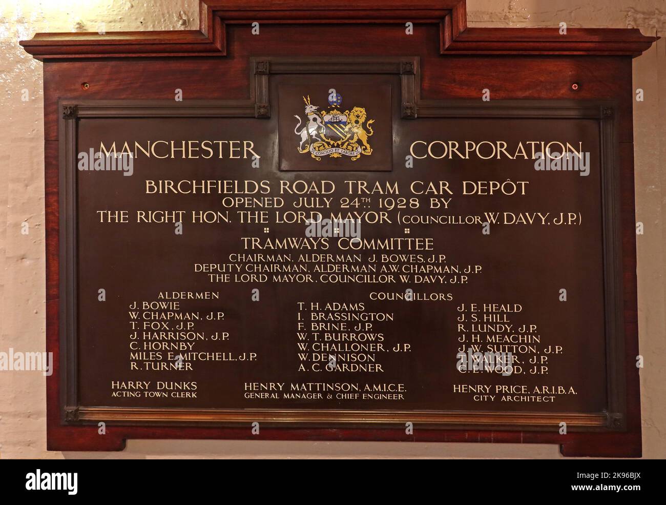 Manchester Corporation, Plakette des Straßenbahndepots Birchfields Road, Stadtrat Davy, Ratsherr bowes JP, Straßenbahnausschuss Stockfoto