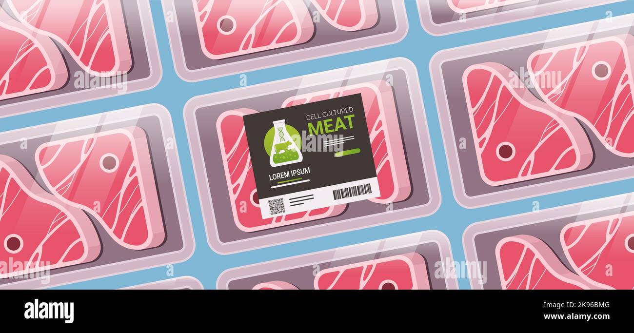 Kultiviert rohes rotes Fleisch Pack Kunststoff-Schale Behälter Steak aus tierischen Zellen künstliche Labor gezüchtet Fleischproduktion Stock Vektor