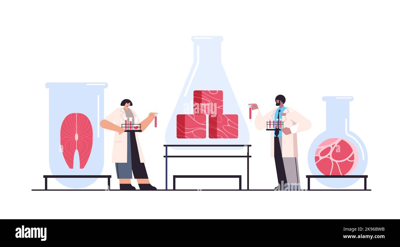 Wissenschaftler analysieren Reagenzgläser mit kultiviertem rotem rohem Fleisch aus tierischen Zellen künstliches Labor gezüchtetem Fleischproduktionskonzept Stock Vektor
