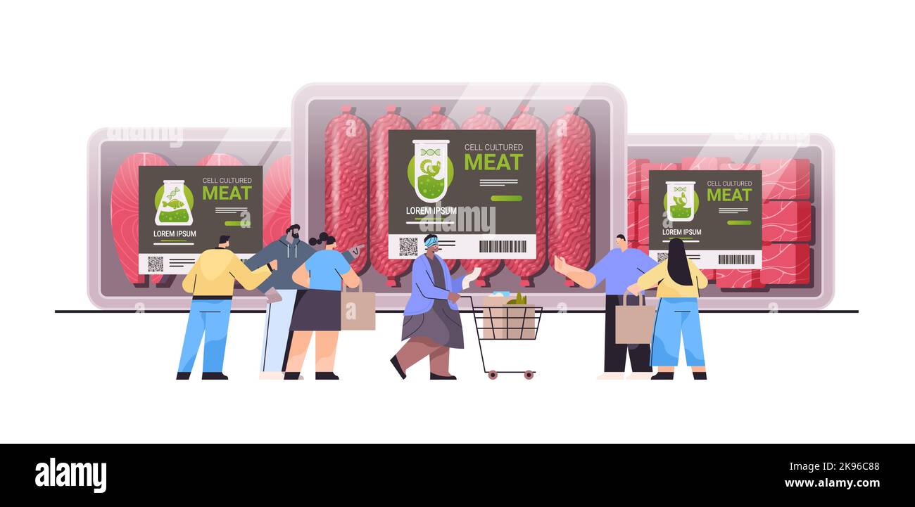 Menschen kaufen Kunststoffbehälter mit kultiviertem rotem rohem Fleisch aus Tierzellen künstliche Labor gezüchtet Fleischproduktion Stock Vektor