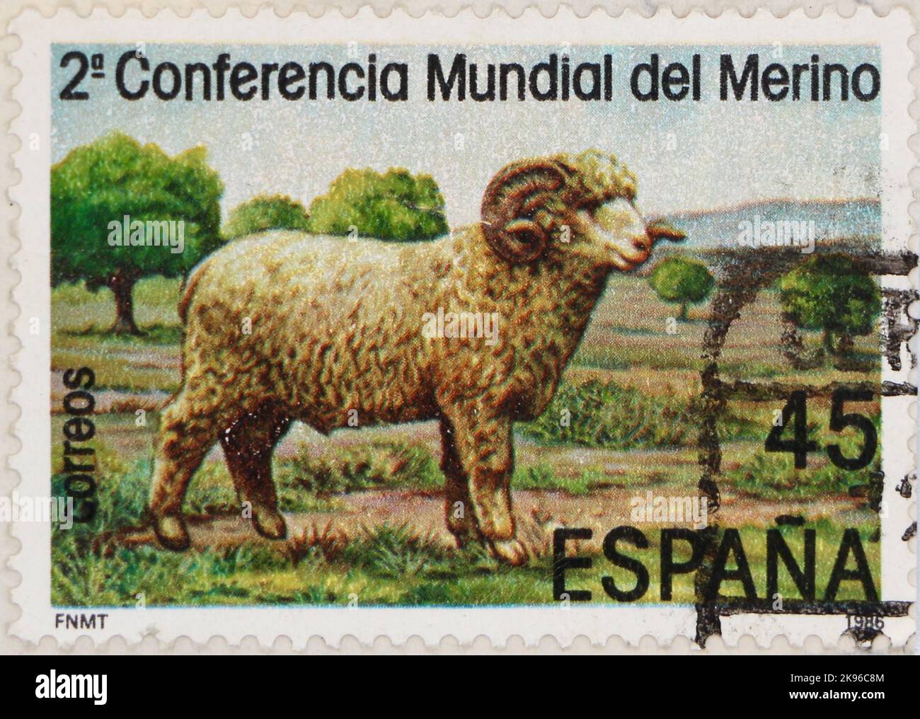 Foto einer spanischen Briefmarke Merino Sheep Ovis ammon aries 2. World Merino Conference 1986 Stockfoto