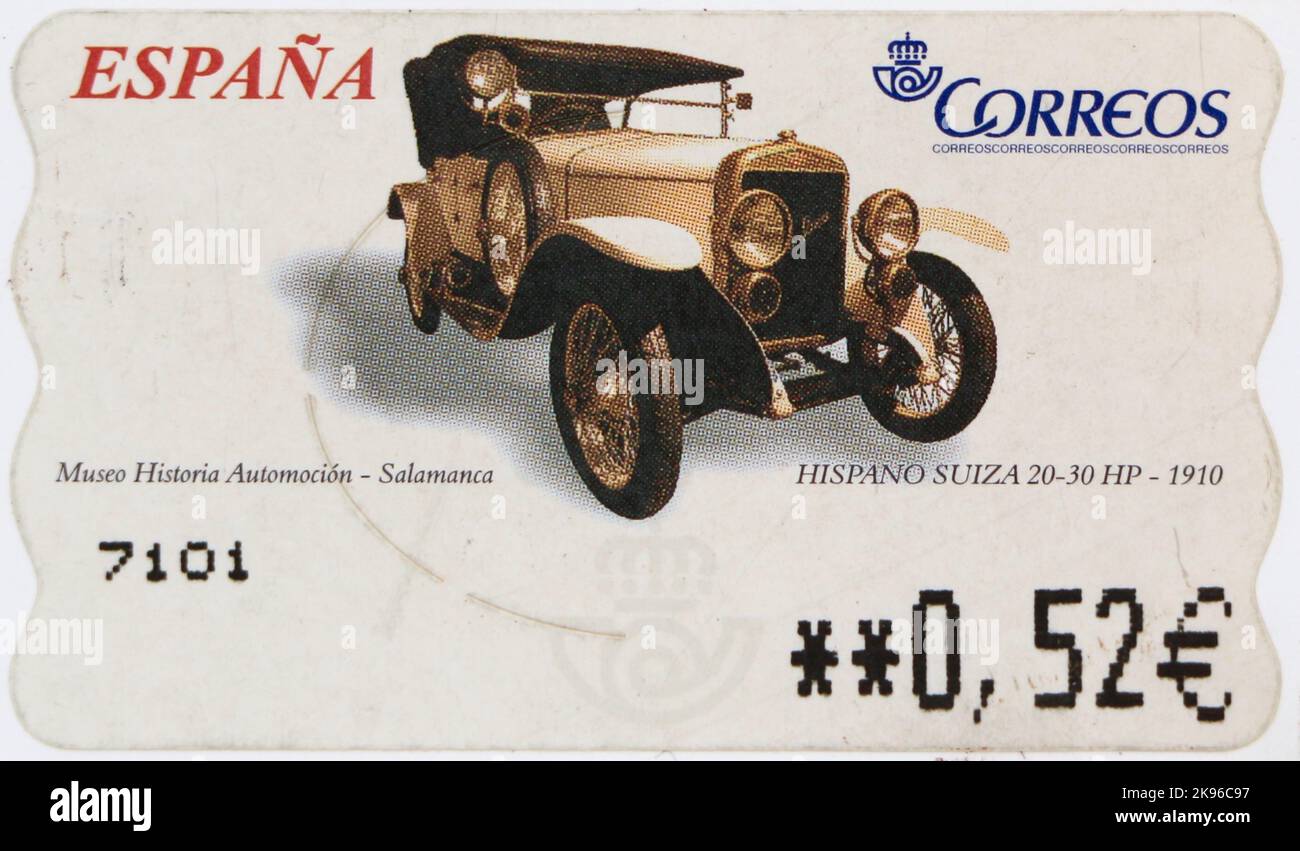Foto einer spanischen Briefmarke Car 8 Hispano Suiza 20-30 HP 1910 Museo Historia Automocion Salamanca Vintage Cars Serie 2003 Stockfoto