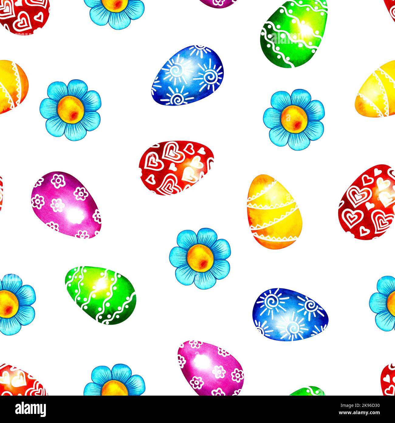Farbenfroher Osterhintergrund. Nahtloses Muster mit Eiern und Blumen. Aquarelldarstellung. Urlaub. Für Hintergründe, Textilien, Verpackungsdekorationen Stockfoto