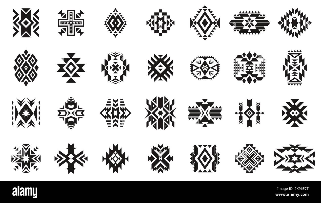 Azteken-Tribal-Ornament. Geometrische ethnische Motivelemente der indianischen Kultur, alte peruanische Tribal traditionelle dekorative Kunst Embleme. Vektorset Stock Vektor