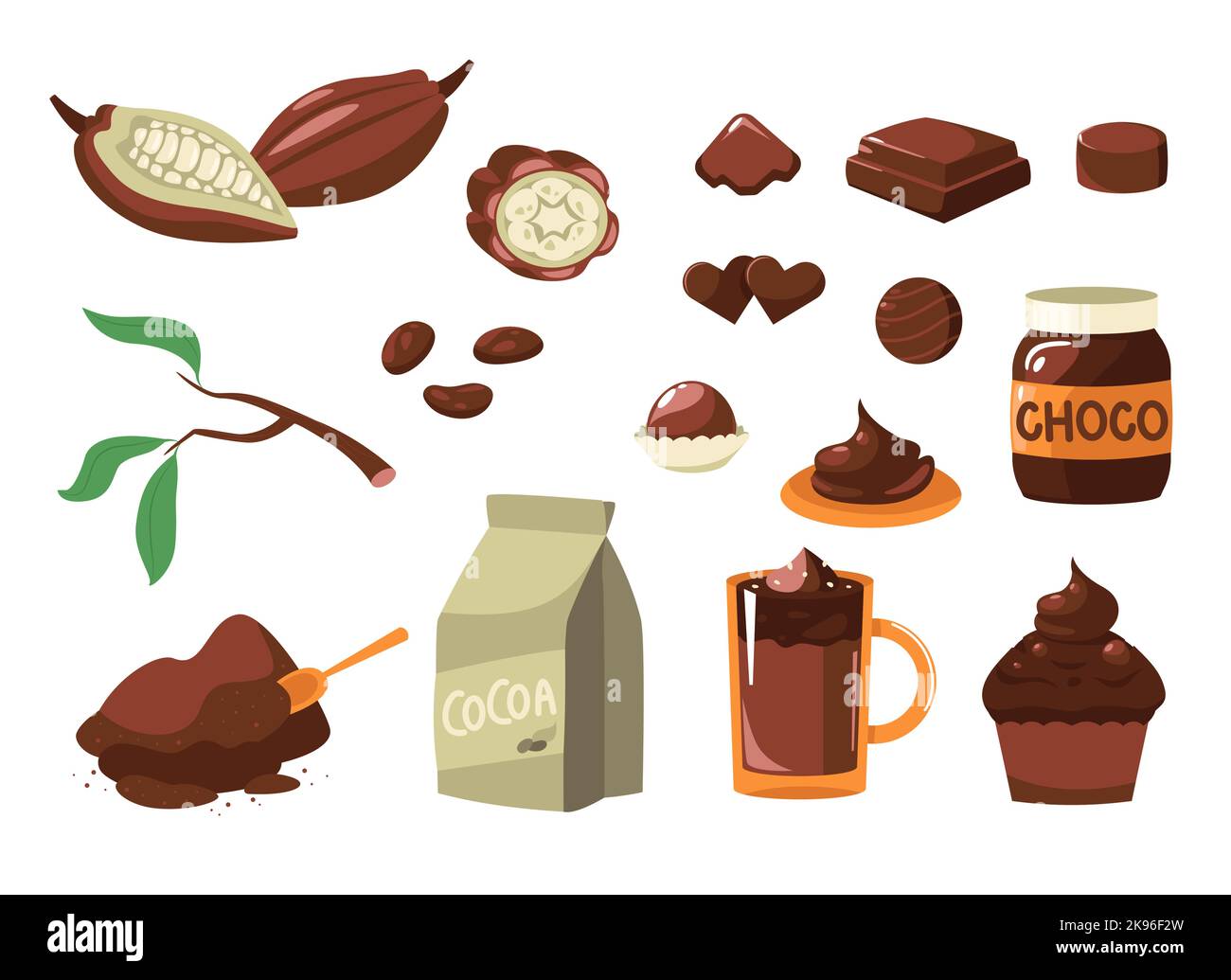 Cartoon-Kakao. Braune Bohnen für Kakao Milch dunkle Schokolade Getränk Süßigkeiten, süßes Produkt für Dessert Getränke Kosmetik. Vektor-isolierter Satz Stock Vektor