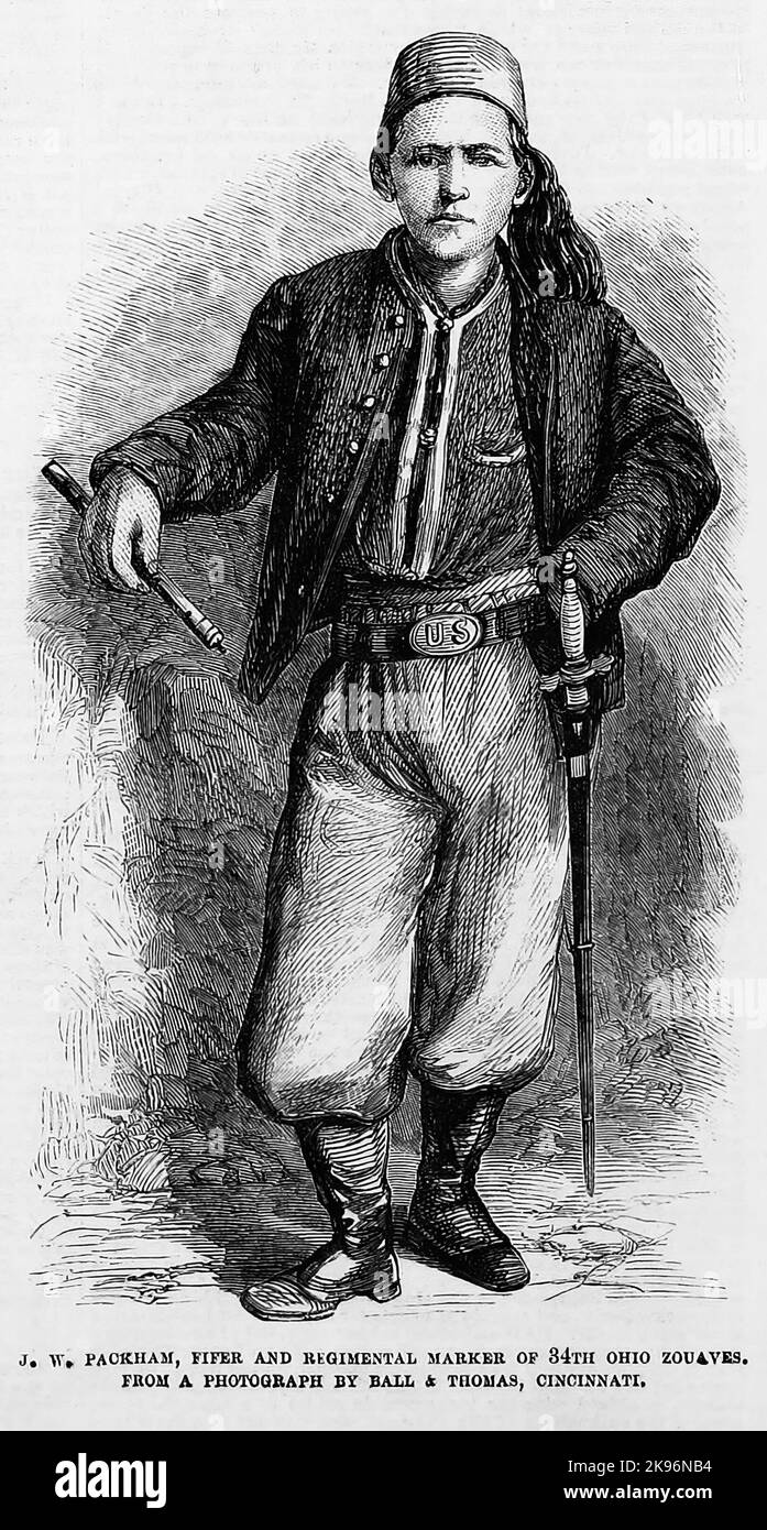 Porträt von J. W. Packham, fifer und Regimentsmarker von 34. Ohio Zouaves. 1862. 19. Jahrhundert American Civil war Illustration aus Frank Leslie's Illustrated Newspaper Stockfoto