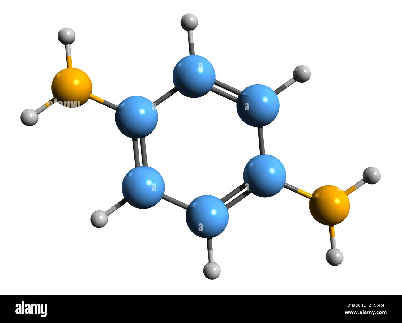 3D Abbildung der Skelettformel von p-Phenylenediamin - molekularchemische Struktur der organischen Verbindung PPD auf weißem Hintergrund isoliert Stockfoto