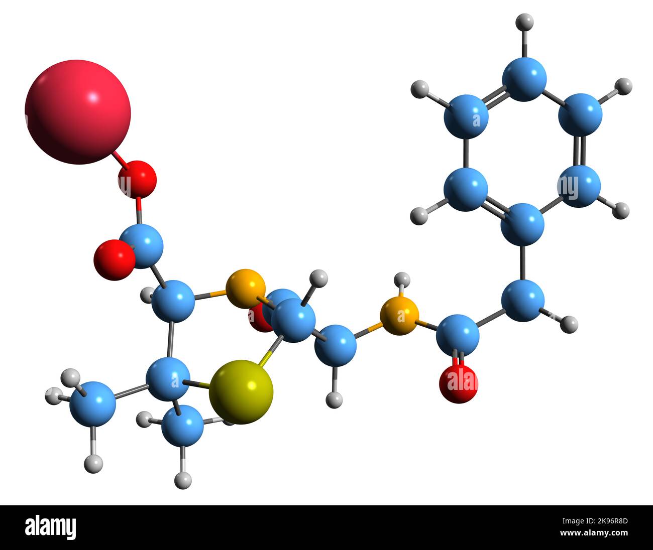 3D Bild der Skelettformel von Penicillin-G-Natrium - molekularchemische Struktur eines Antibiotikums, das auf weißem Hintergrund isoliert ist Stockfoto