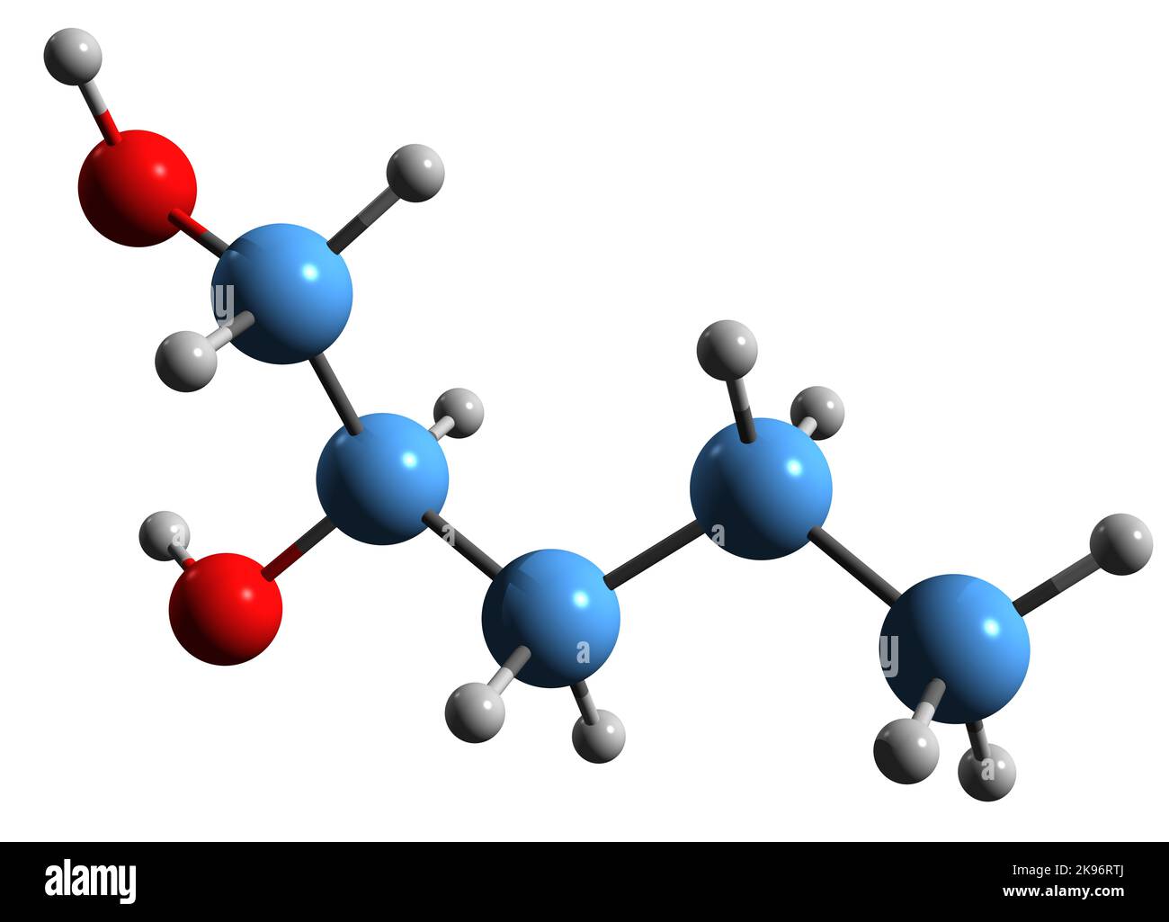 3D Bild der Skelettformel von Pentylenglykol - molekularchemische Struktur von Methylethylen-Glykol isoliert auf weißem Hintergrund Stockfoto