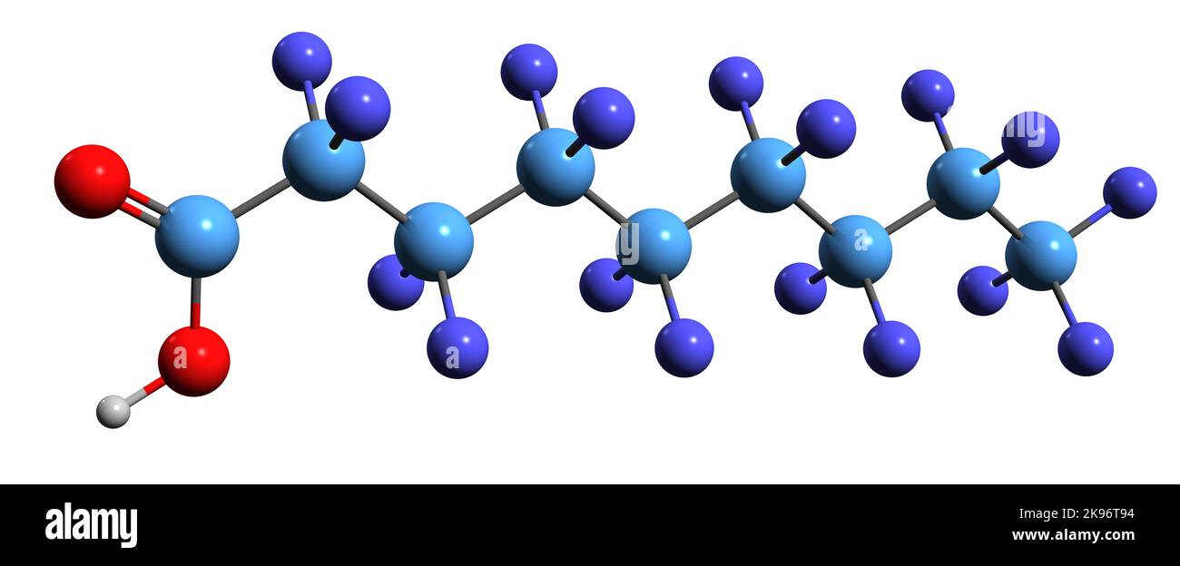 3D Bild der Skelettformel der Perfluorononsäure - molekularchemische Struktur der synthetischen perfluorierten Carbonsäure, isoliert auf weißem Bac Stockfoto