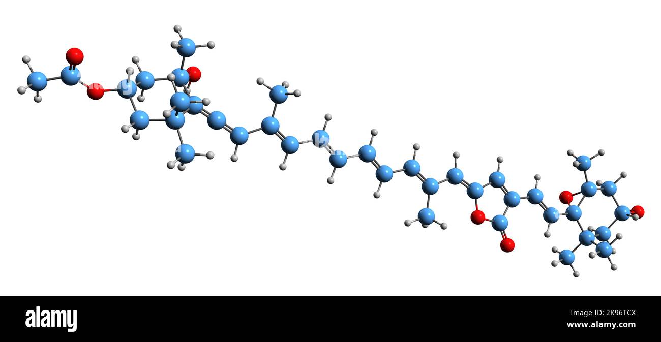 3D Bild der Peridinin-Skelettformel - molekularchemische Struktur des Apocarotinoiden auf weißem Hintergrund isoliert Stockfoto