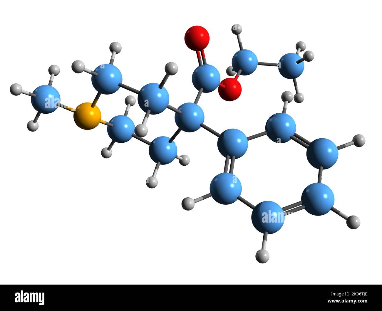 3D Bild der Pethidin-Skelettformel - molekularchemische Struktur von synthetischen Opioid-Schmerzmitteln isoliert auf weißem Hintergrund Stockfoto