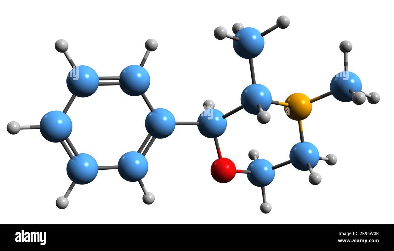 3D Bild der Skelettformel von Phendimetrazin - molekularchemische Struktur des Stimulans, isoliert auf weißem Hintergrund Stockfoto