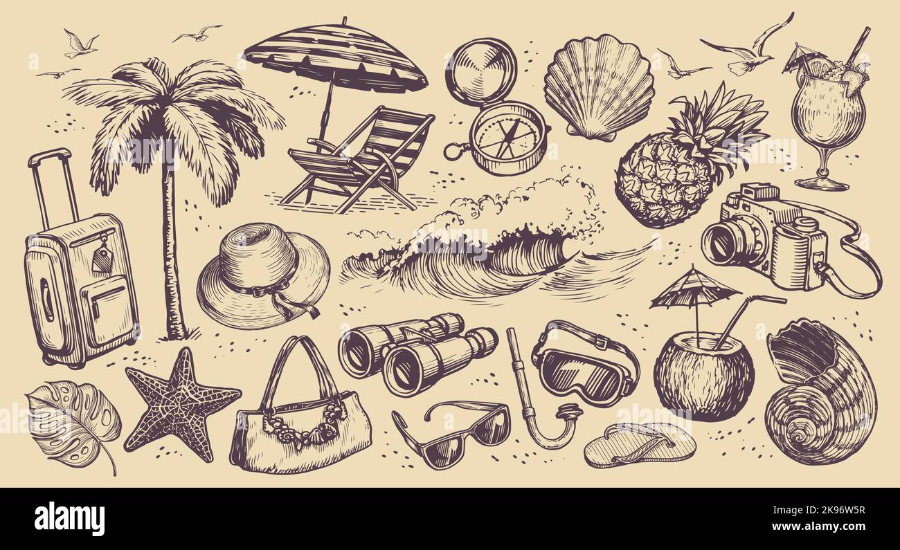 Reisekonzept. Handgezeichnete Set-Objekte zum Thema Strandurlaub. Reise Skizze Vintage Vektor Illustration Stock Vektor