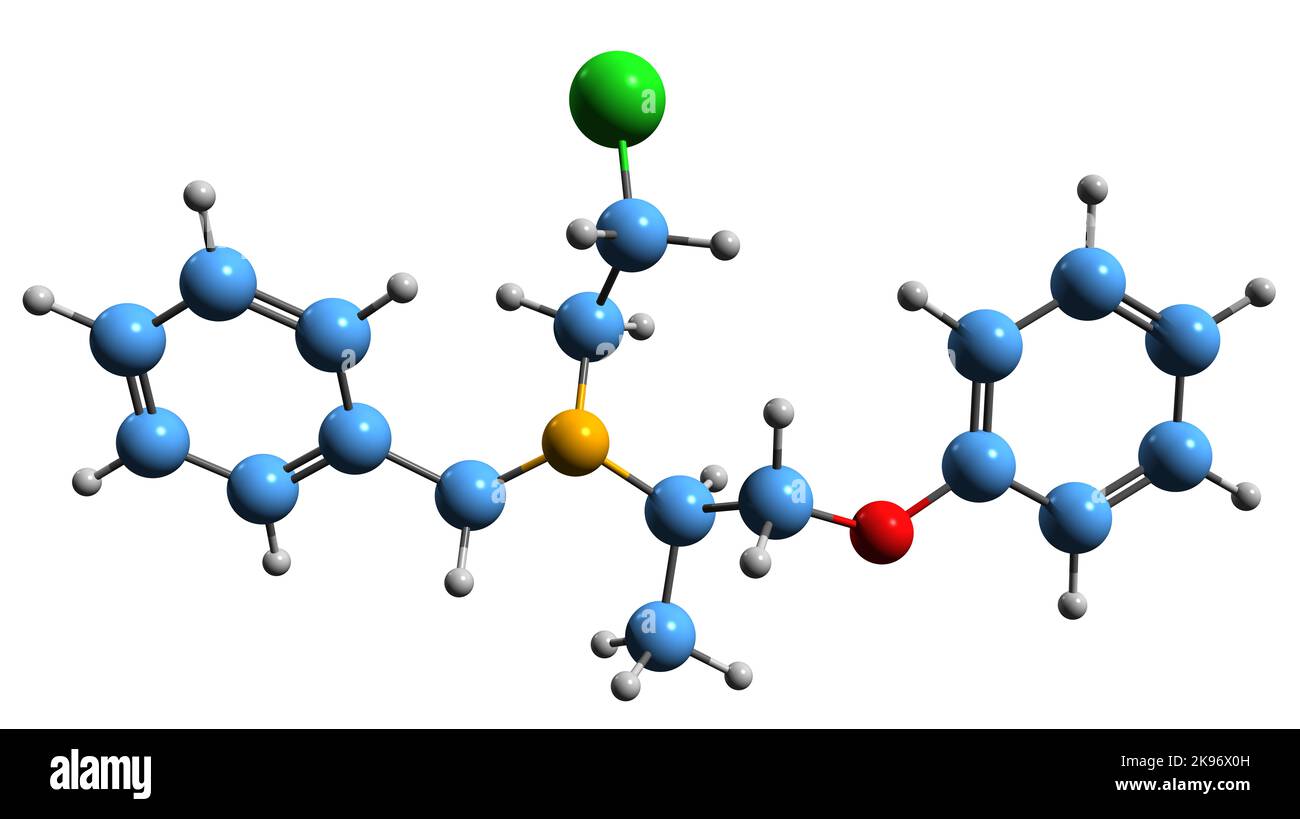 3D Bild der Skelettformel Phenoxybenzamin - molekularchemische Struktur des irreversiblen Alpha-Blockers auf weißem Hintergrund isoliert Stockfoto