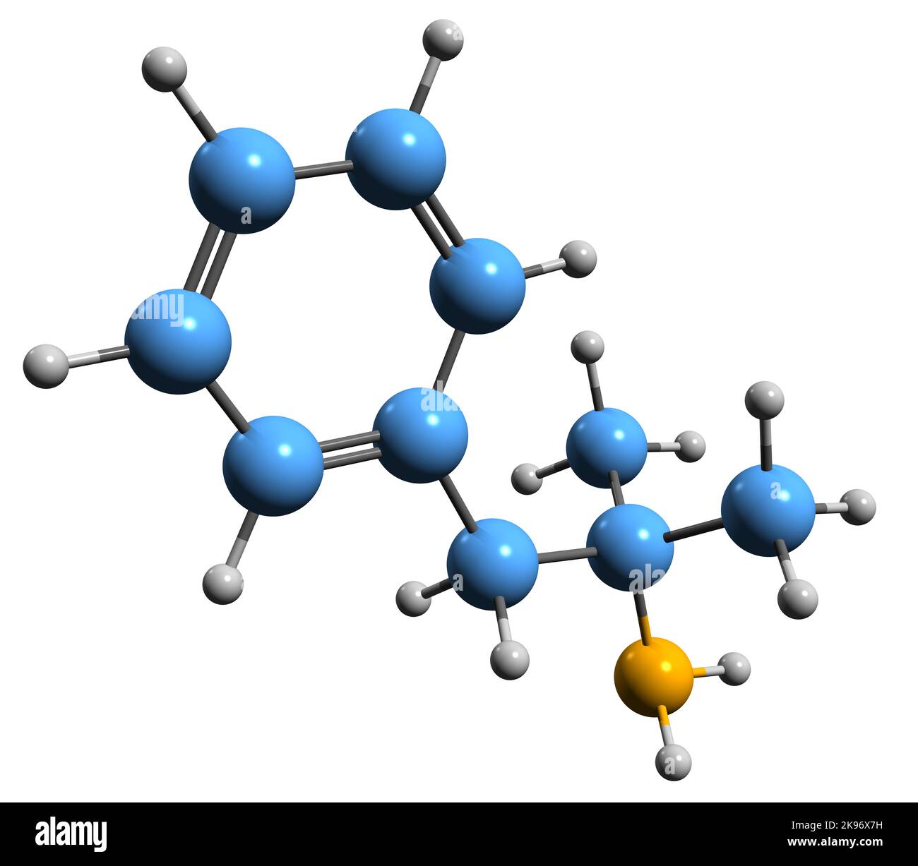 3D Bild von Phentermin Skelettformel - molekulare chemische Struktur von Appetitzügler auf weißem Hintergrund isoliert Stockfoto